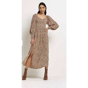 River Island Women’s 100% Viscose Size 10 Brown Animal Print Shirred Midi Dress